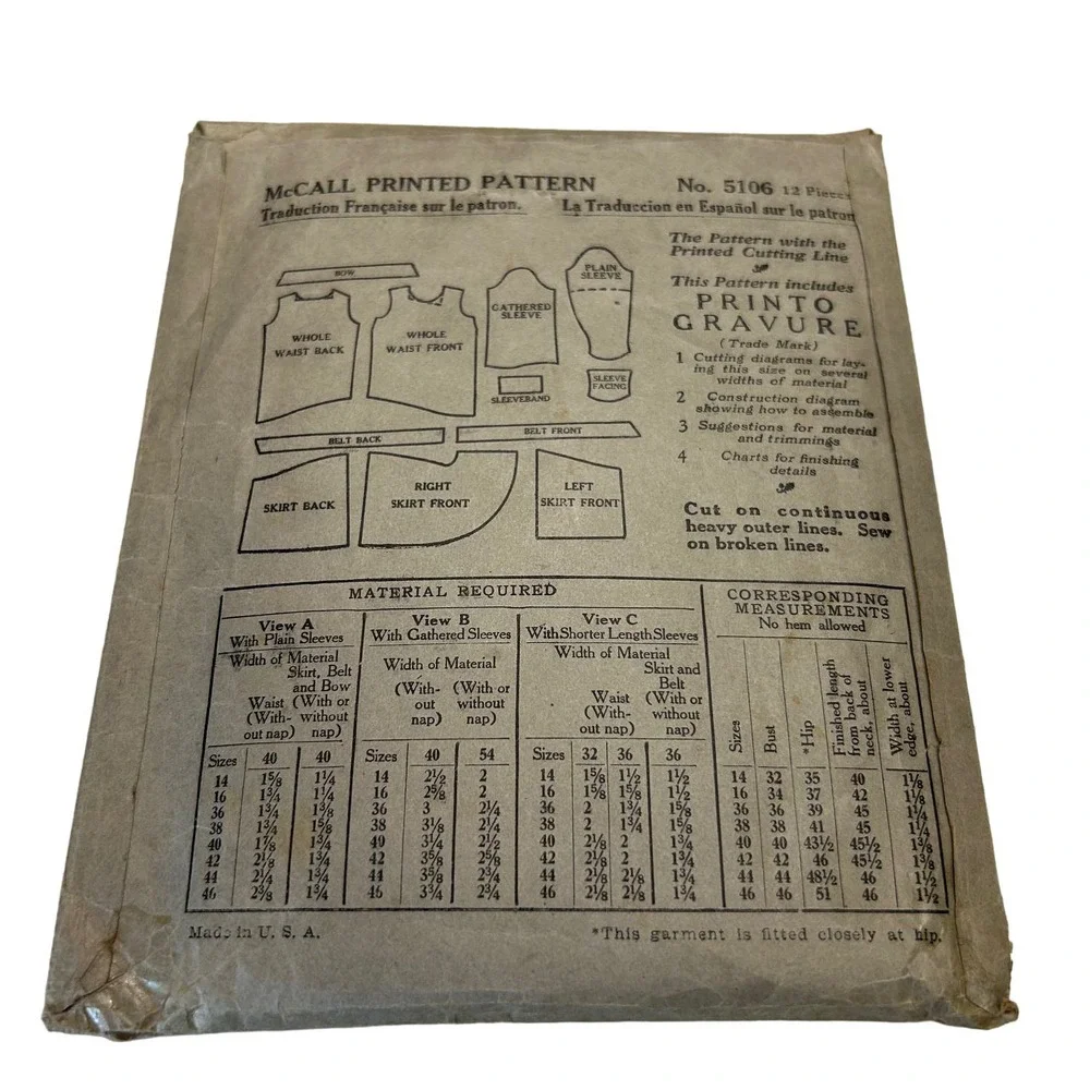 McCall Antique Early 1900's Pattern #5106 Ladies‎ Slip On Dress Size 38 HTF RARE